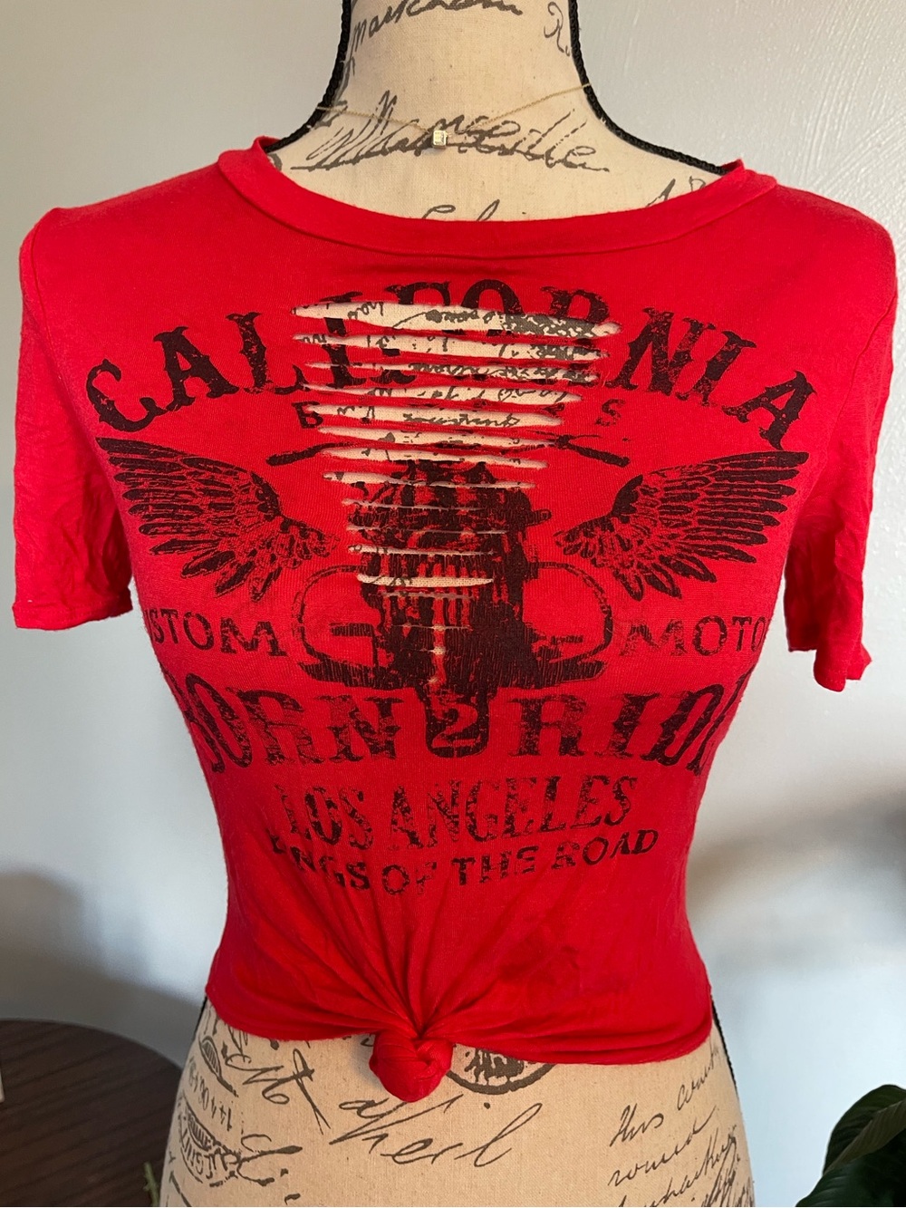 California Originals Red Distressed Graphic Tee Slashed Neck Size S Y2K Moto